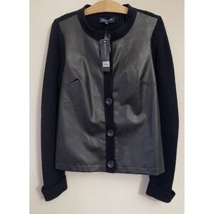 Jones New York Signature Black Vegan Leather Front Knit Cardigan Sweater Small